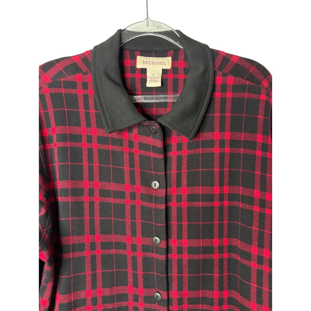 Bechamel Plaid Button Down Women Large Red Black Excellent Cotton Long Sleeve‎